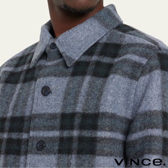 Vince **NWT** Heavy Knit Brushed Flannel Plaid Shirt Jacket in Heather Blue Grey - Picture 9 of 16
